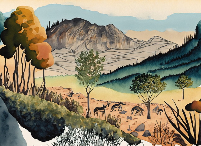 A painting of a landscapre containing deer, trees, hills and mountains in the back.