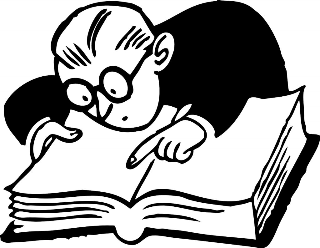 Icon of a black-and-white person with glasses reading in a book and curiously bending over the book.