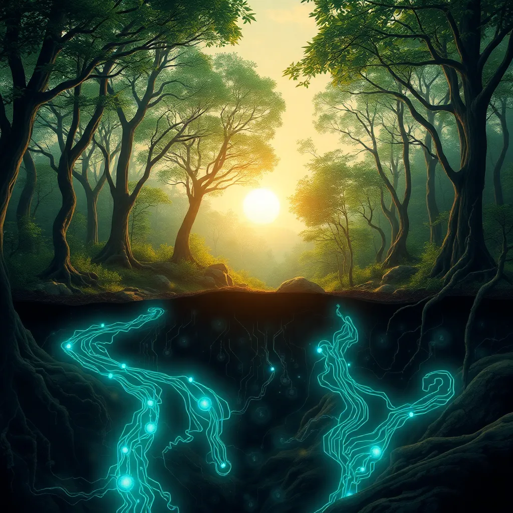 A serene forest at sunrise with sunlight streaming through tall trees, revealing glowing turquoise digital networks beneath the soil that resemble interconnected roots.